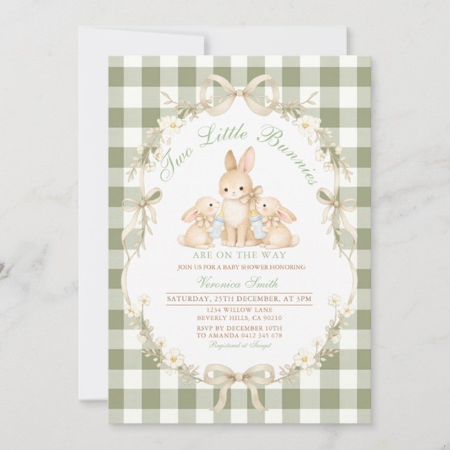 Sage Green Gingham Twins Baby Shower Invitation (Front)