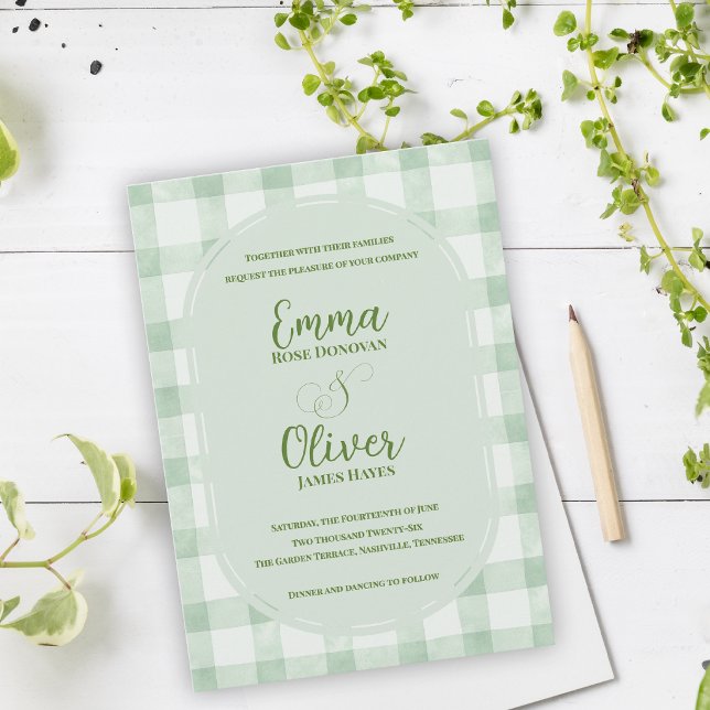 Sage Green Gingham Wedding Garden Party Invitation (Sage Green Gingham Wedding Invitation | Garden Party Wedding Invite)
