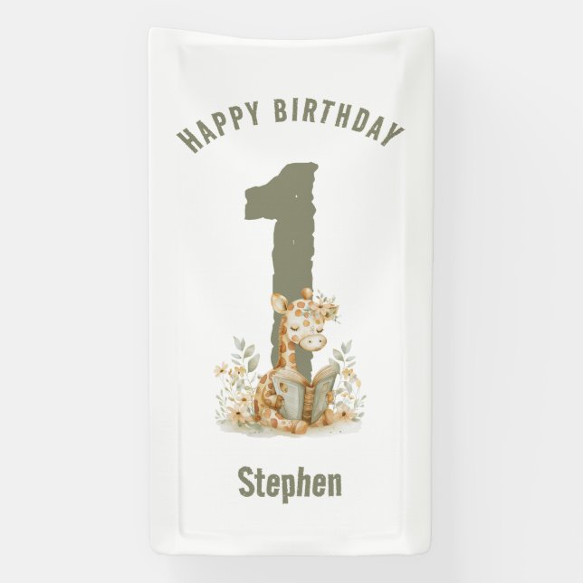 Sage Green Giraffe Happy 1st Birthday Banner (Vertical)