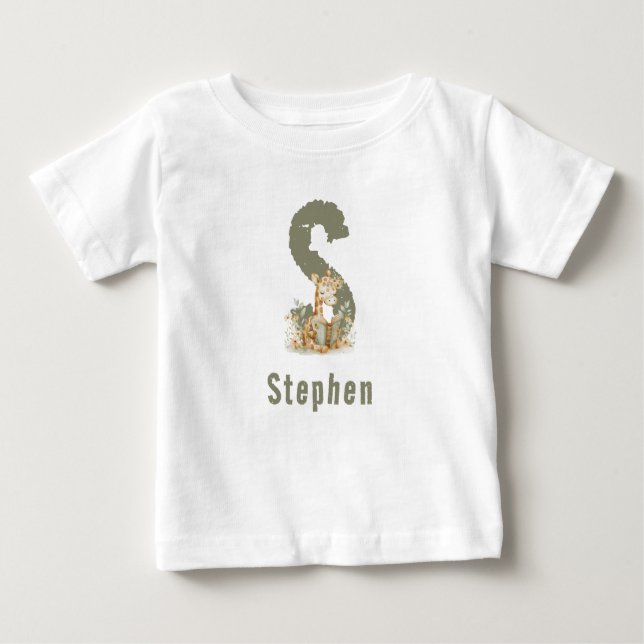 Sage Green Giraffe Monogram & Name  Baby T-Shirt (Front)