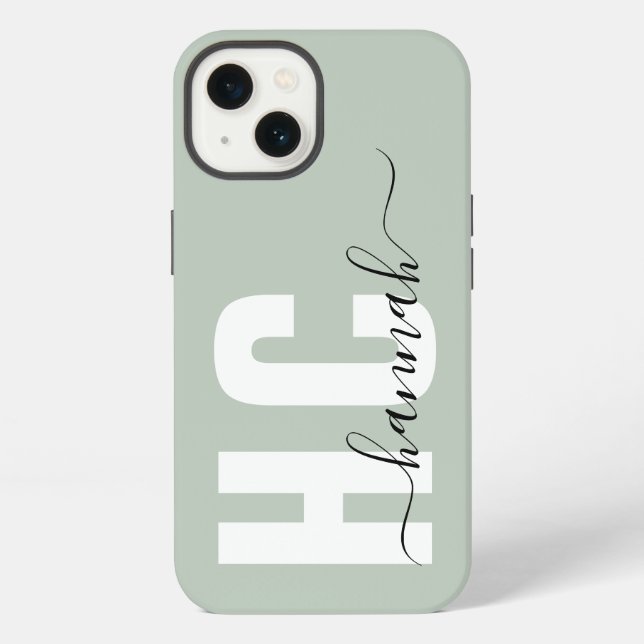 Sage Green Girly Script Monogram Name iPhone Case (Back)