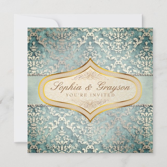 Sage Green Glimmer Damask Wedding Invite (Front)