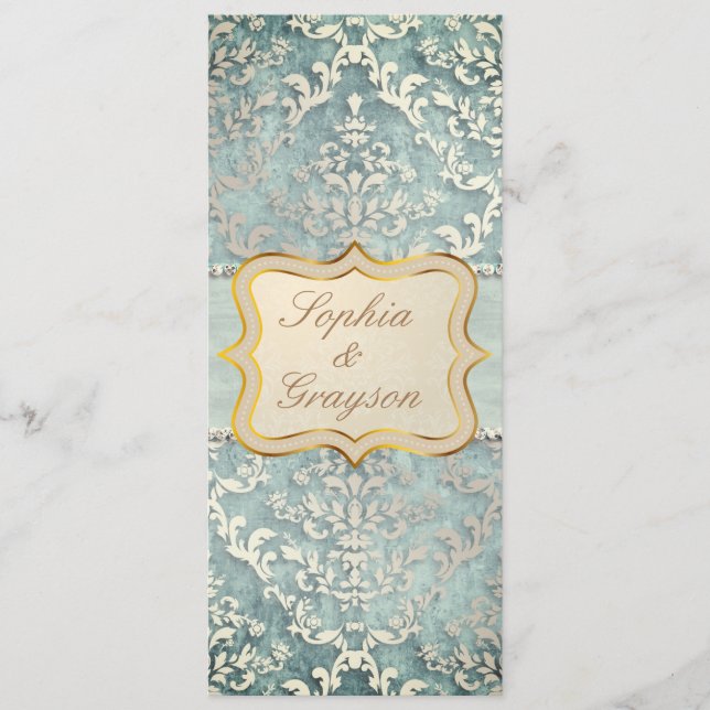 Sage Green Glimmer Damask Wedding Menu (Front)