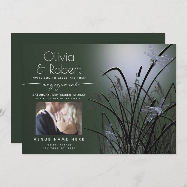 Sage Green Glow Engagement Moonlight Dragonfly Invitation (Front/Back)