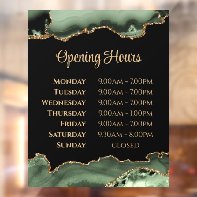 Sage Green Gold Agate Opening Hours Window Cling (Sheet 2)