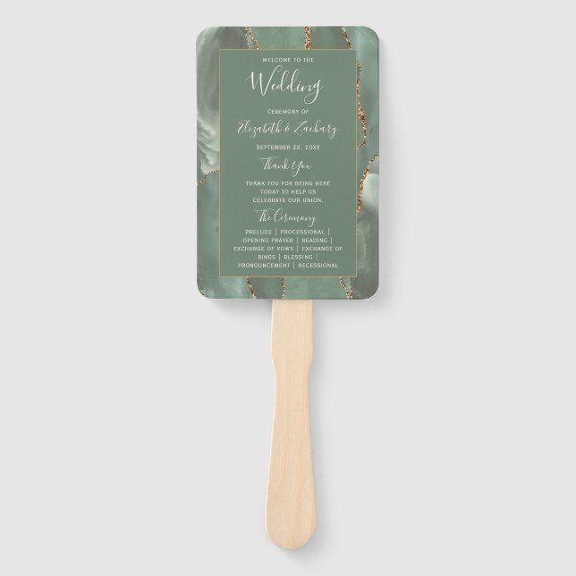 Sage Green Gold Agate Wedding Program Hand Fan (Front)