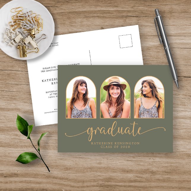 Sage Green Gold Arch 3 Photo Graduation Announcement Postcard (Creator Uploaded)