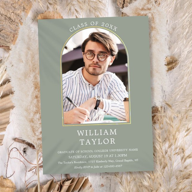 Sage Green Gold Arch Photo Graduation Party Invita Invitation (Sage Green Gold Arch Photo Graduation Party Invita Invitation)