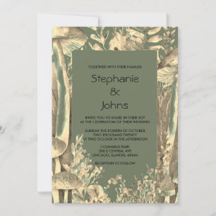 Sage Green Gold Artistic Mushroom Woodland Wedding Invitation