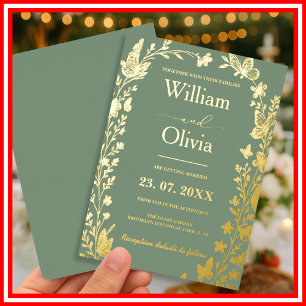 Sage Green Gold Boho Floral Photo Wedding Foil Inv