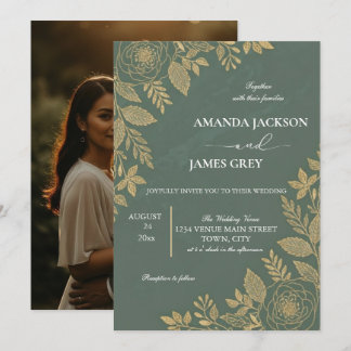 Sage Green Gold Botanical Photo Back Wedding Invit Invitation