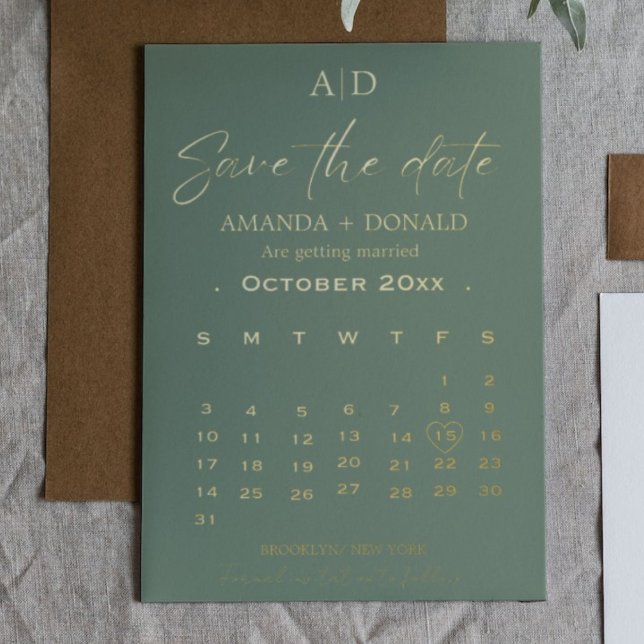 Sage Green Gold Calendar Wedding Save the date (Creator Uploaded)