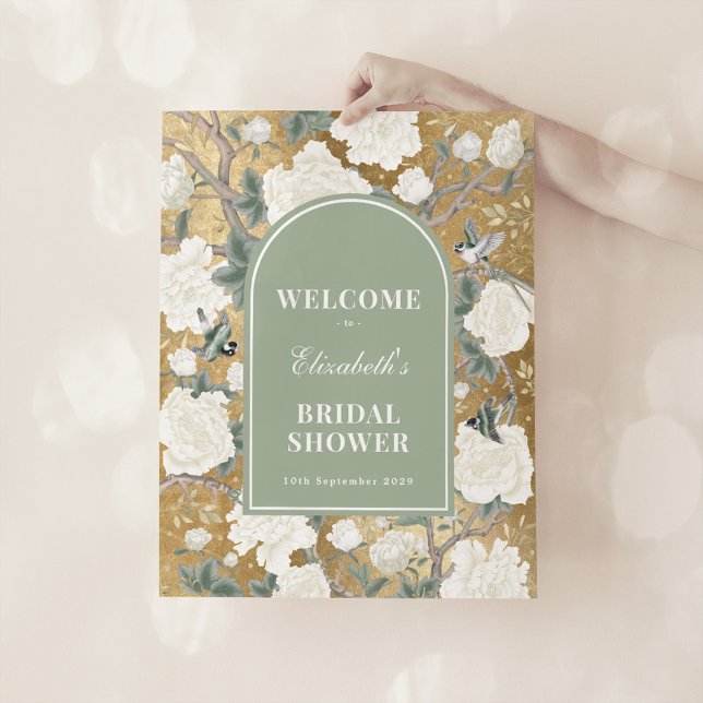 Sage Green Gold Chinoiserie Bridal Shower Welcome Poster (Creator Uploaded)