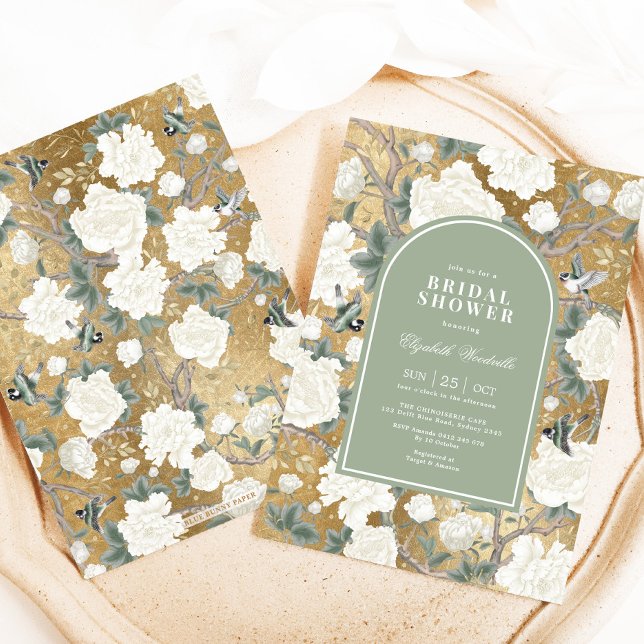 Sage Green Gold Chinoiserie Floral Bridal Shower Invitation (Creator Uploaded)