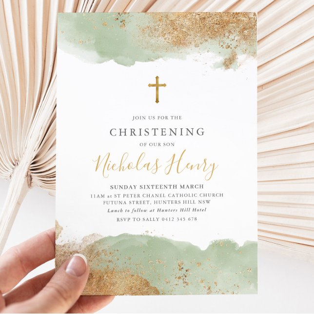 Sage Green Gold Cross Boys Baptism Christening   Invitation (Green and Gold Baptism Invitation)