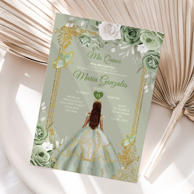 Sage Green Gold Crown Mis Quince 15 Anos Dresses Invitation (Creator Uploaded)