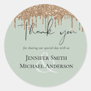 Sage Green Gold Dripping Glitter Wedding Script Classic Round Sticker
