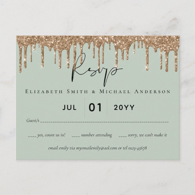 Sage Green Gold Dripping Glitter Wedding Script Postcard (Front)