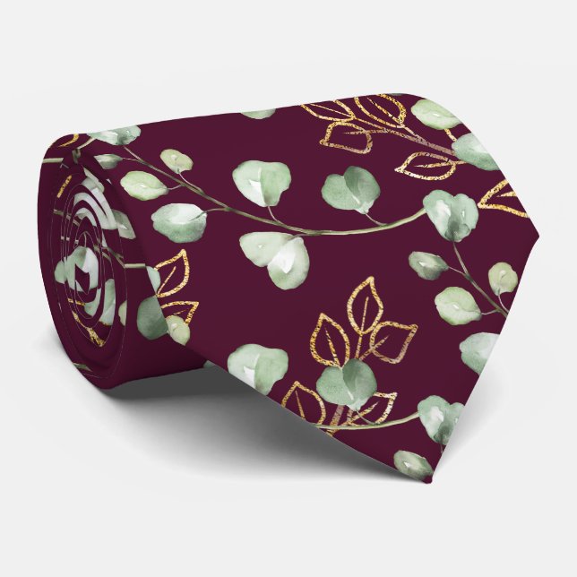 Sage Green & Gold Eucalyptus Burgundy Wedding Tie (Rolled)