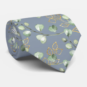 Sage Green & Gold Eucalyptus Dusty Grey Wedding Tie