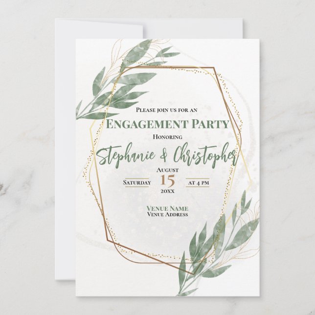 Sage Green Gold Eucalyptus Floral Engagement Party Invitation (Front)