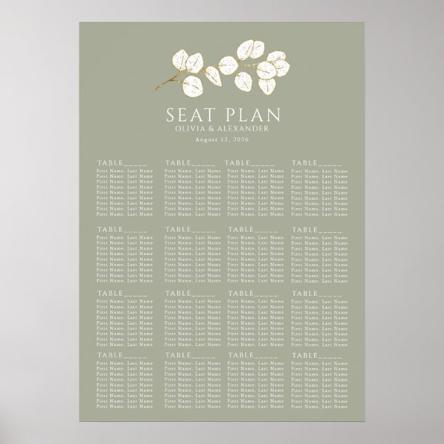 Sage Green Gold Eucalyptus Leaves Seating charts (Front)