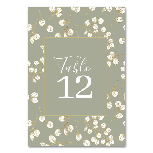 Sage Green Gold Eucalyptus Leaves Table Number (Front)