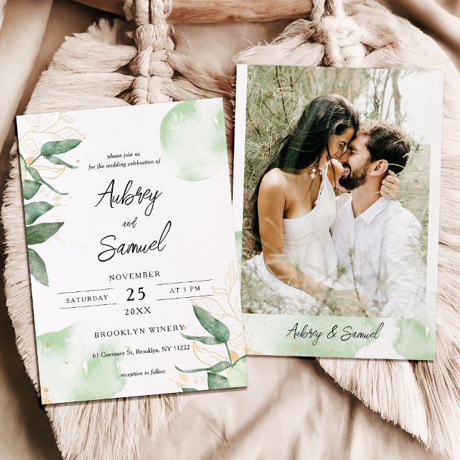 Sage Green Gold Eucalyptus Photo Wedding Invitation (Creator Uploaded)