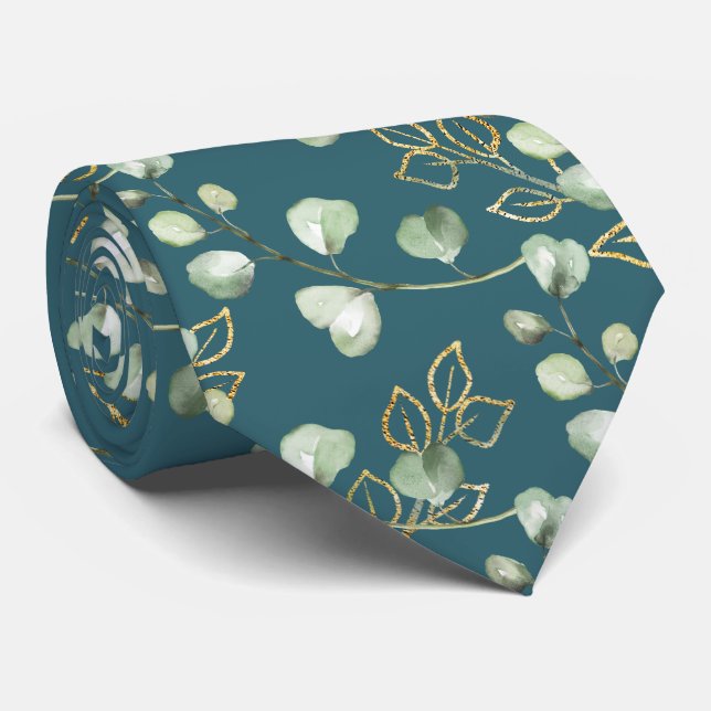 Sage Green & Gold Eucalyptus Teal Green Wedding Tie (Rolled)