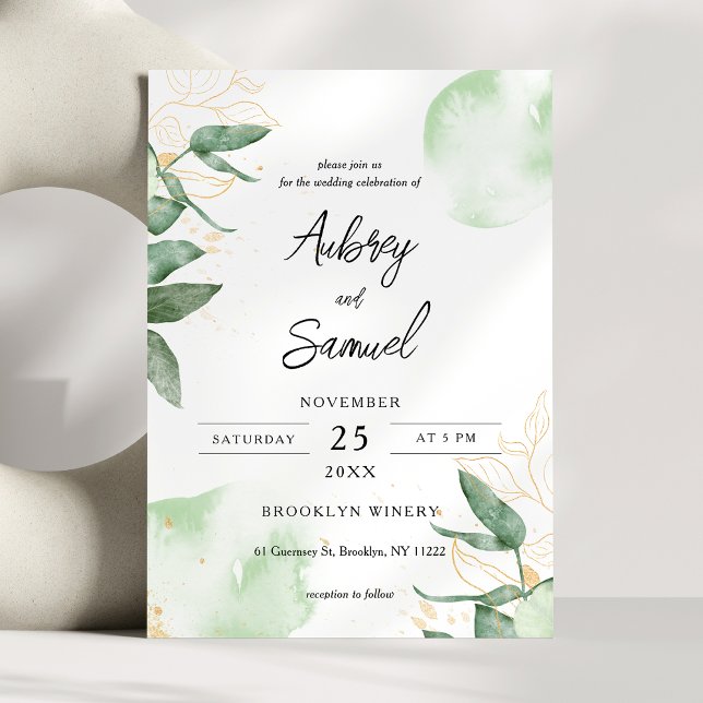 Sage Green Gold Eucalyptus Wedding Invitation (Creator Uploaded)