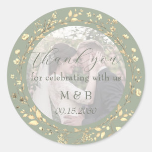 Sage Green Gold Floral Photo Wedding Thank You Classic Round Sticker