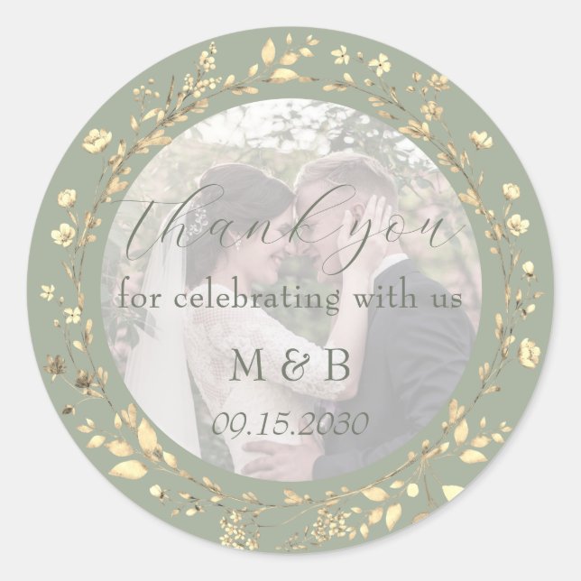 Sage Green Gold Floral Photo Wedding Thank You Classic Round Sticker (Front)