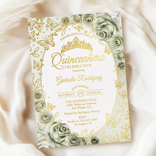 Sage Green Gold Floral Quinceanera