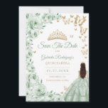 Sage Green Gold Floral Quinceanera Save The Date<br><div class="desc">Sage Green gold and white floral Quinceanera celebration Save the Date card. Features brunette girl in ball gown dress,  script font,  gold butterflies,  roses and tiara. Perfect for an elegant princess style glam celebration. Personalise with your own details. Printed Zazzle cards or instant download digital printable template.</div>