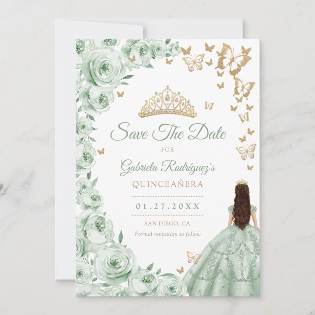 Sage Green Gold Floral Quinceanera Save The Date (Front)