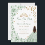 Sage Green Gold Floral Quinceanera Save The Date<br><div class="desc">Sage Green gold and white floral Quinceanera celebration Save the Date card. Features brunette girl in ball gown dress,  script font,  gold butterflies,  roses and tiara. Perfect for an elegant princess style glam celebration. Personalise with your own details. Printed Zazzle cards or instant download digital printable template.</div>