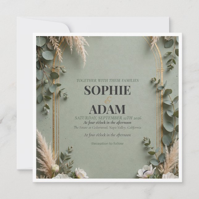  Sage Green Gold Foil Double Arch Save The Date  (Front)