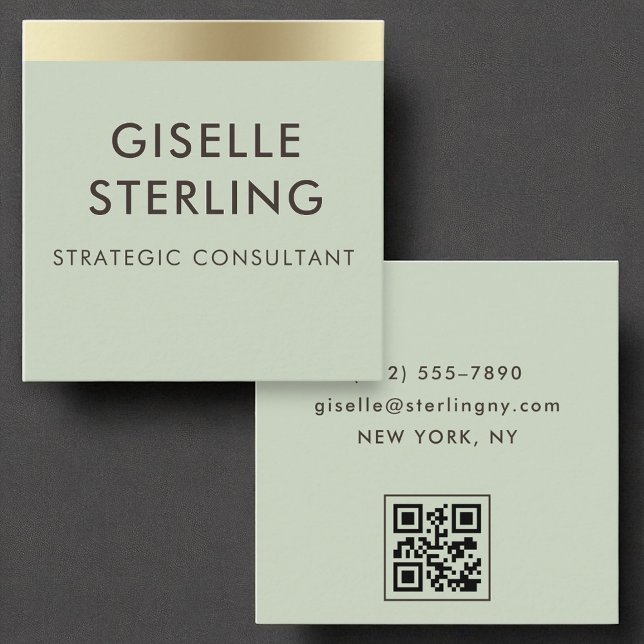 Sage Green Gold Foil Luxury QR Code Minimal  Square Business Card (Creator Uploaded)