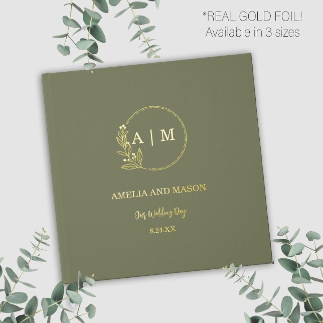 Sage Green & Gold Foil Monogram Wedding Guestbook (Sage Green and gold foil elegant modern monogram wedding guestbook)