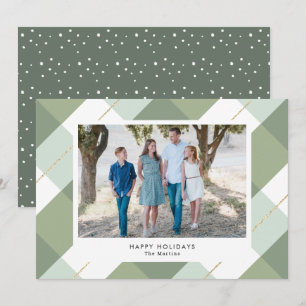 Sage Green & Gold Gingham Plaid Photo Holiday Card