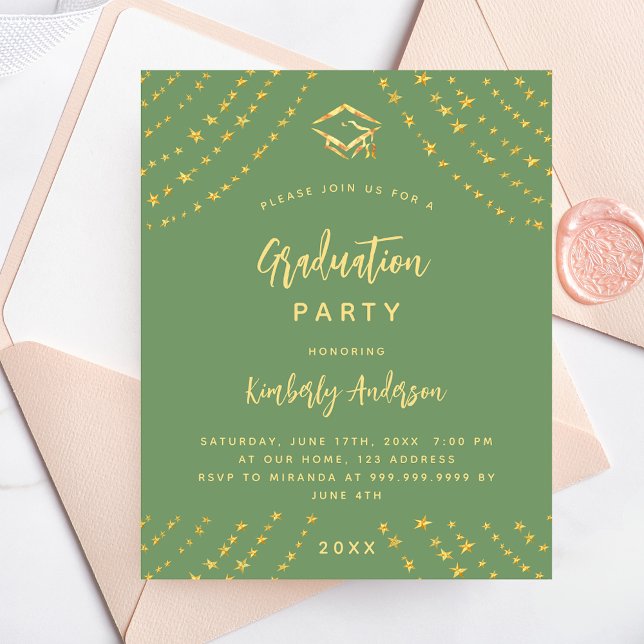 Sage green gold graduation party budget invitation (Creator Uploaded)