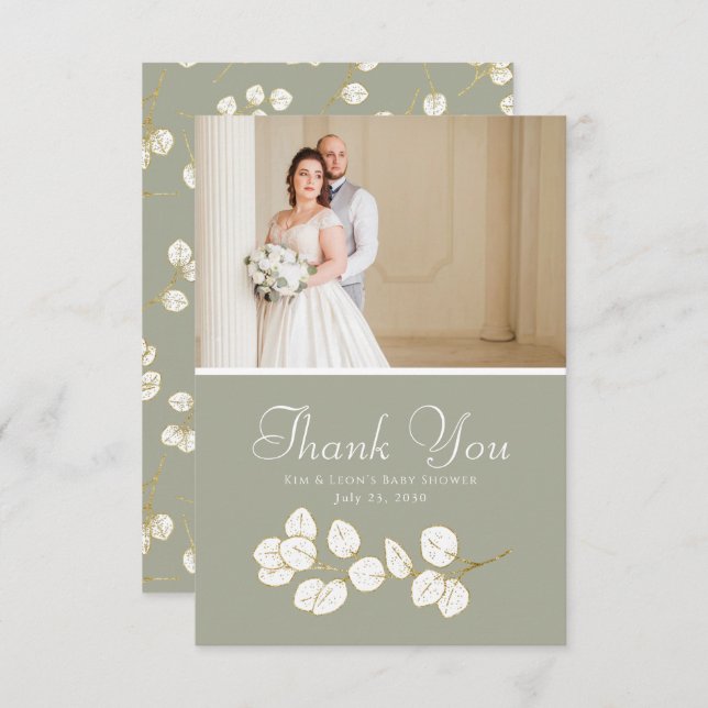 Sage Green Gold Greenery Eucalyptus  Thank You Card (Front/Back)