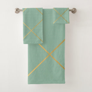 SAGE GREEN GOLD GRID DESIGN BATH TOWEL SET
