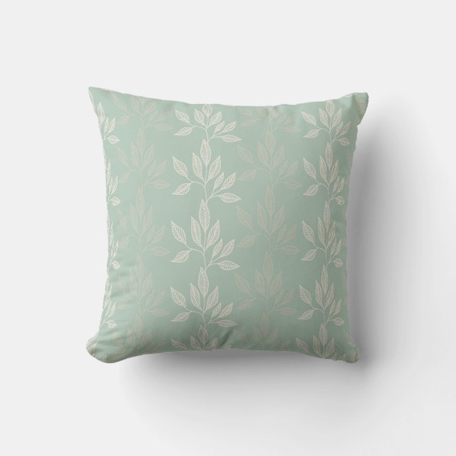 Sage Green & Gold Gum Leaf Pattern Leaves Cushion (Front)