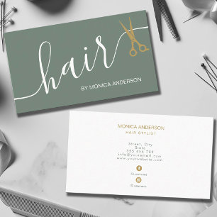 Sage Green Gold Hair Script Stylist Scissors Business Card