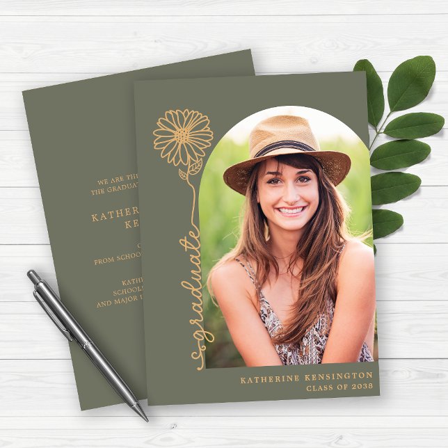 Sage Green Gold Handwritten Photo Graduation Invitation (Creator Uploaded)