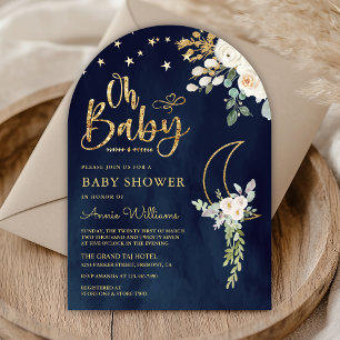 Sage Green Gold Ivory Floral Moon Navy Baby Shower Invitation