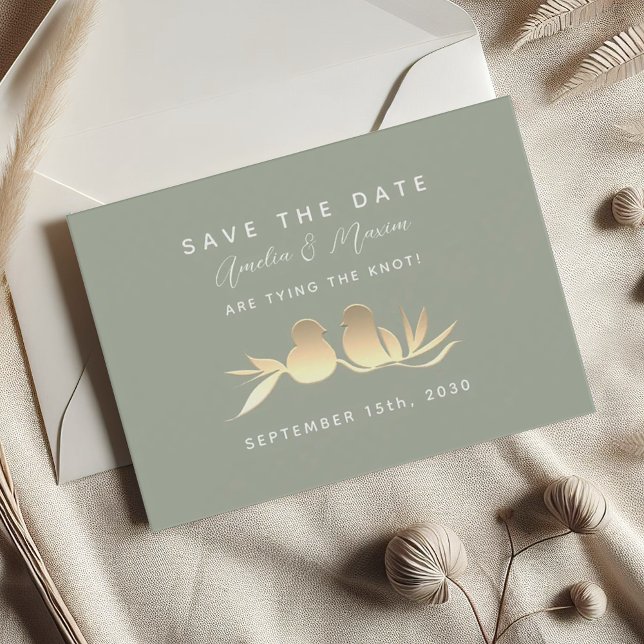 Sage Green Gold Lovebirds Save The Date (Creator Uploaded)