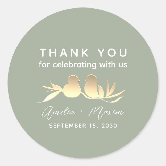 Sage Green Gold Lovebirds Wedding Classic Round Sticker (Front)