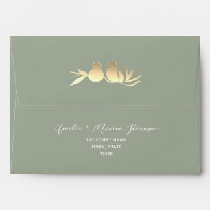 Sage Green Gold Lovebirds Wedding Envelope